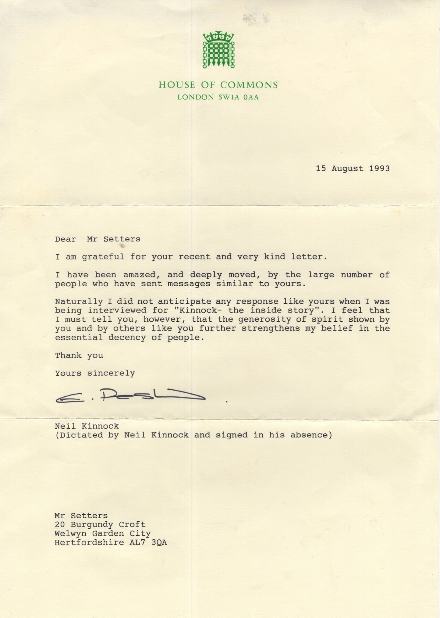Neil Kinnock Prime Minister 1993 Signed Letter For Television Series