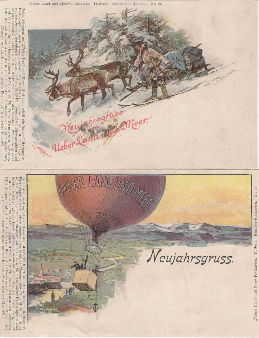Neujahrsgruss Hot Air Balloon German 2x Antique Postcard