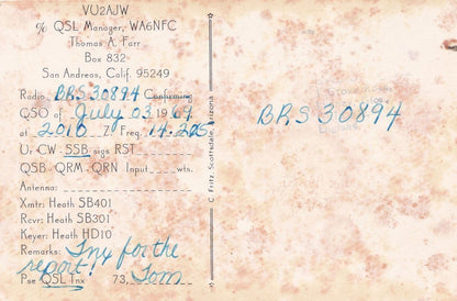 New Delhi India Amateur Radio QSL 1960s Card