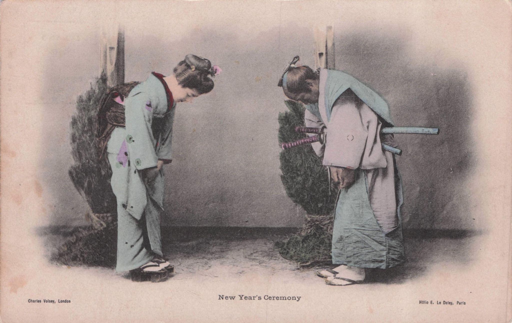 New Year's Ceremony Japanese Ladies Bowing Antique Postcard