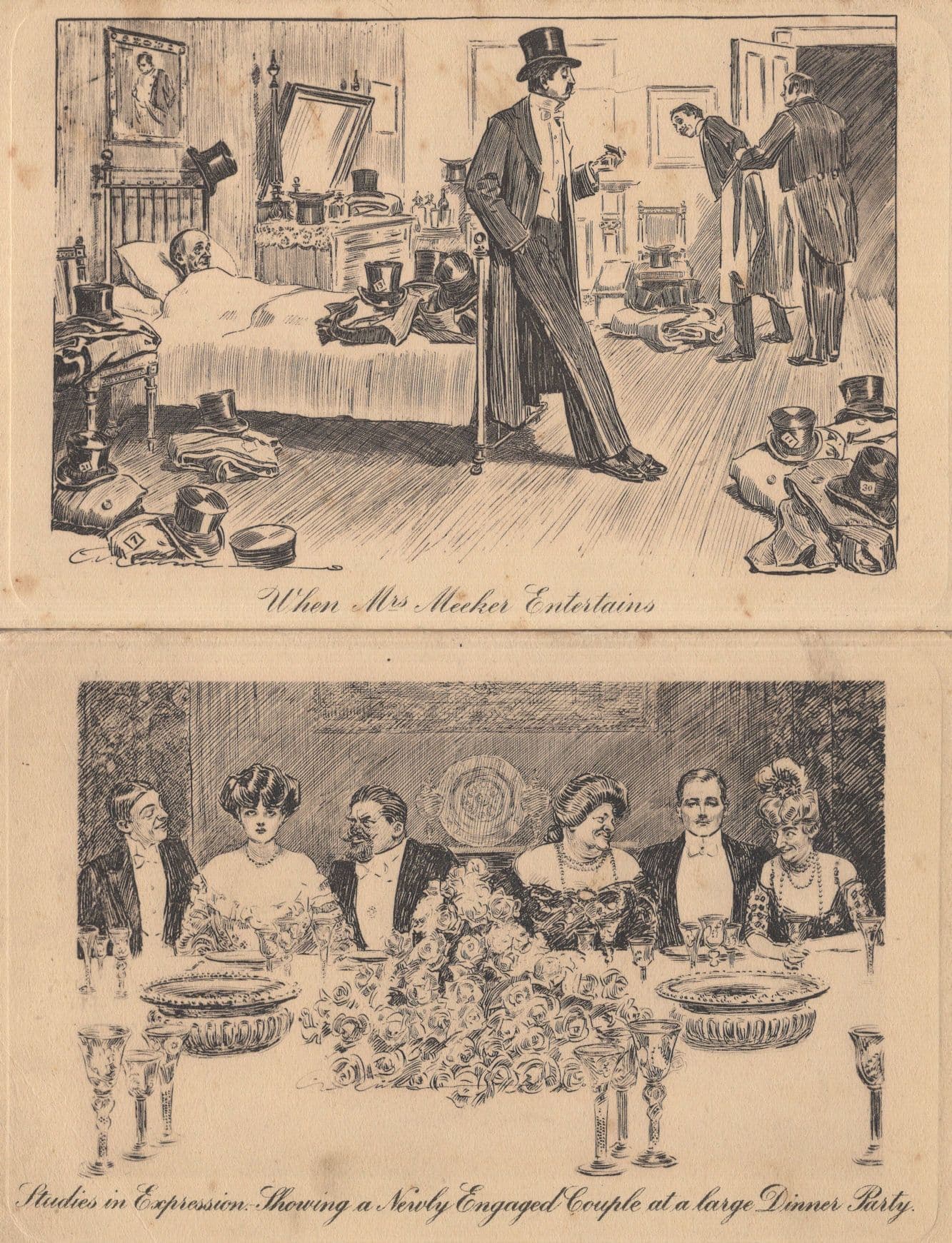 Newly Engaged Couple At Dinner Table 2x Old Art Snob Marriage Postcard s