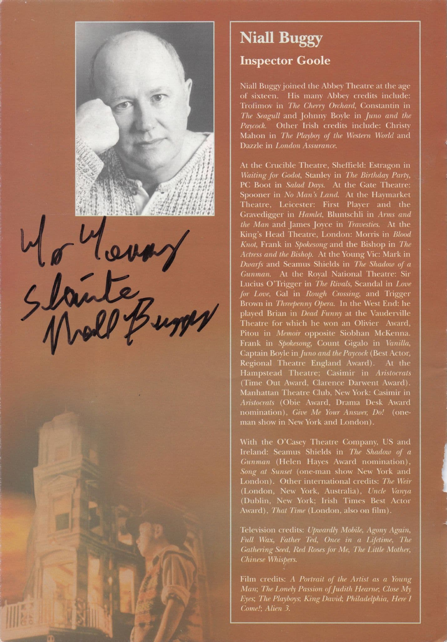 Niall Buggy Olivier Award Irish Actor Dead Funny Hand Signed Theatre Page