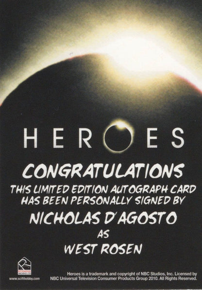 Nicholas Agosto Heroes TV Show Hand Signed Autograph Card