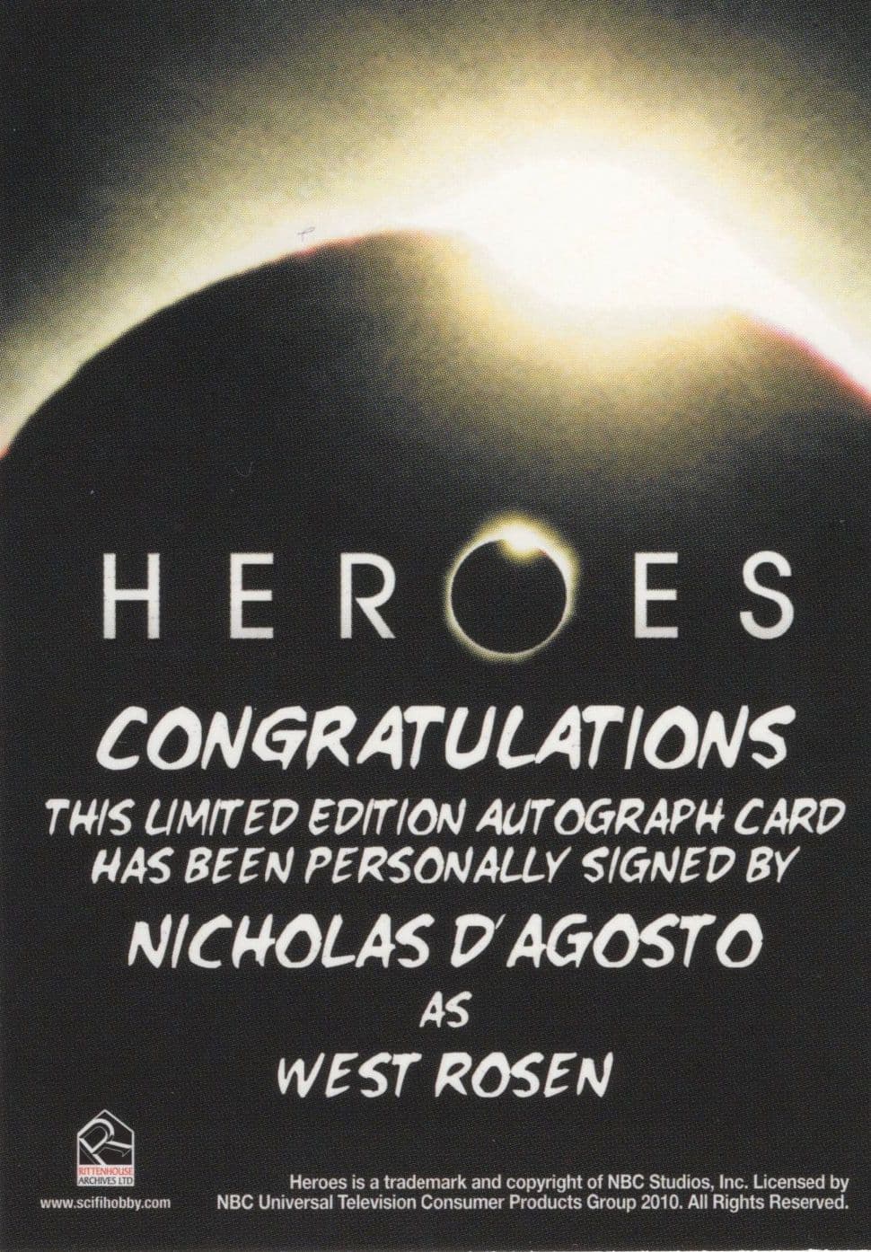 Nicholas Agosto Heroes TV Show Hand Signed Autograph Card