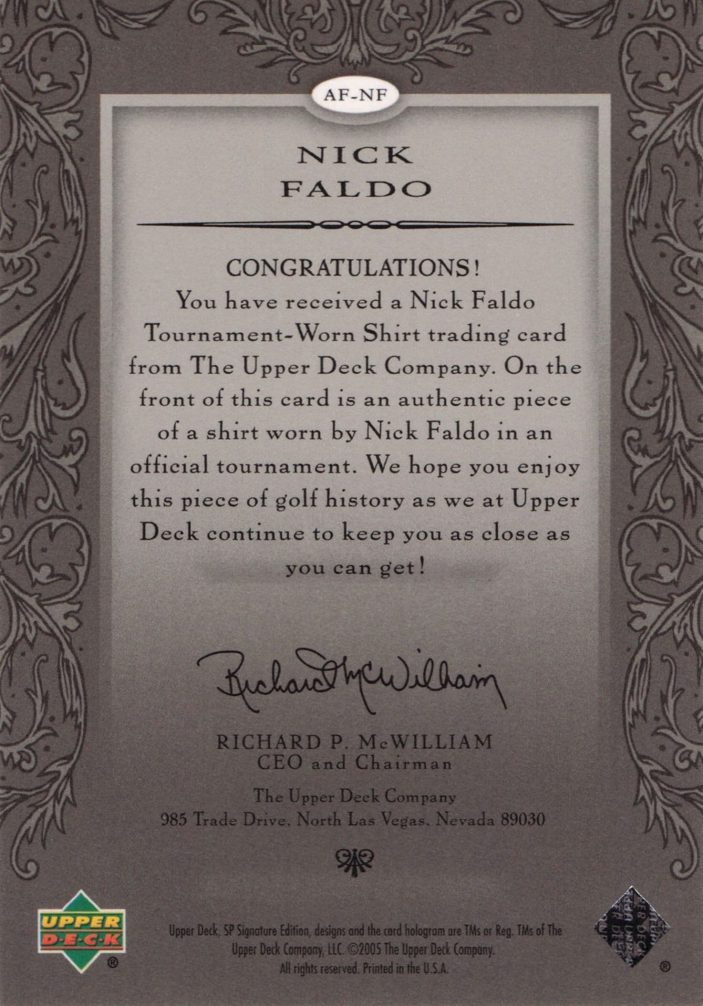 Nick Faldo Authentic Fabrics 2005 SP Golf Upper Deck Worn Shirt Card