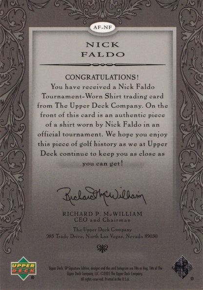 Nick Faldo Authentic Fabrics 2005 SP Golf Upper Deck Worn Shirt Card