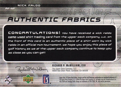 Nick Faldo Authentic Fabrics Singles 2003 Golf Upper Deck Worn Shirt Card