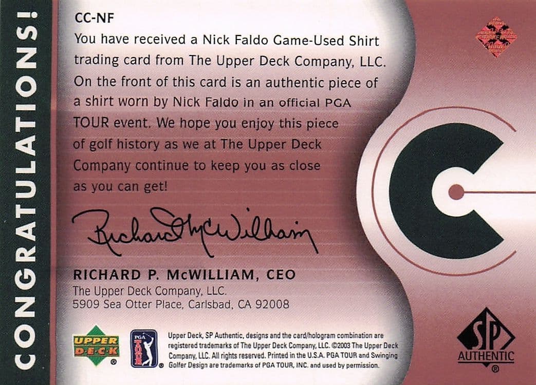Nick Faldo Course Classics 2003 Authentic Worn PGA Tour Golf Shirt Card