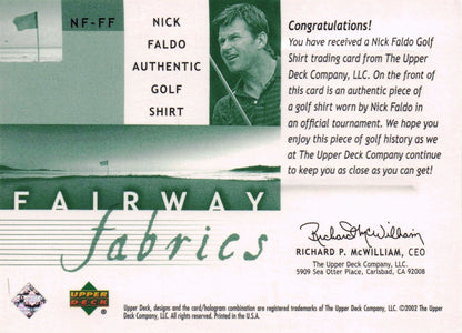 Nick Faldo Fairway Fabrics 2002 Golf Upper Deck Authentic Shirt Relic Card