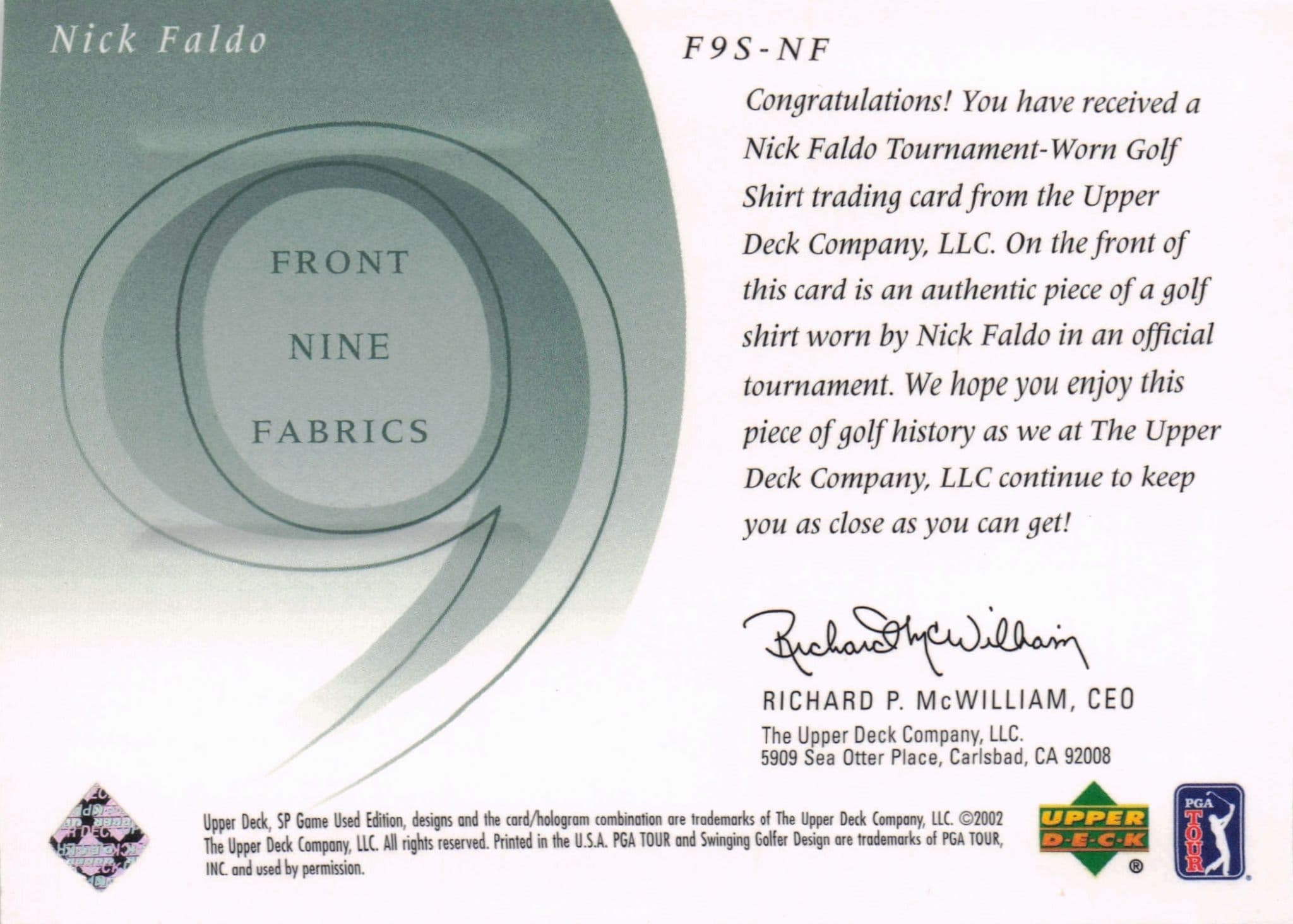 Nick Faldo Front 9 Fabric 2002 Upper Deck Authentic Shirt Card