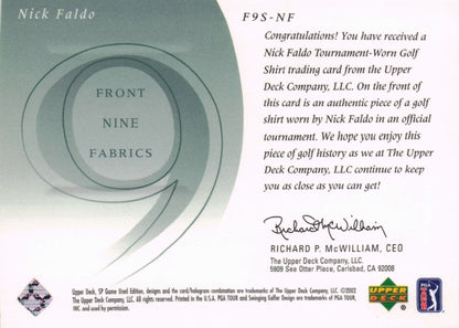 Nick Faldo Front 9 Fabric 2002 Upper Deck Authentic Shirt Card