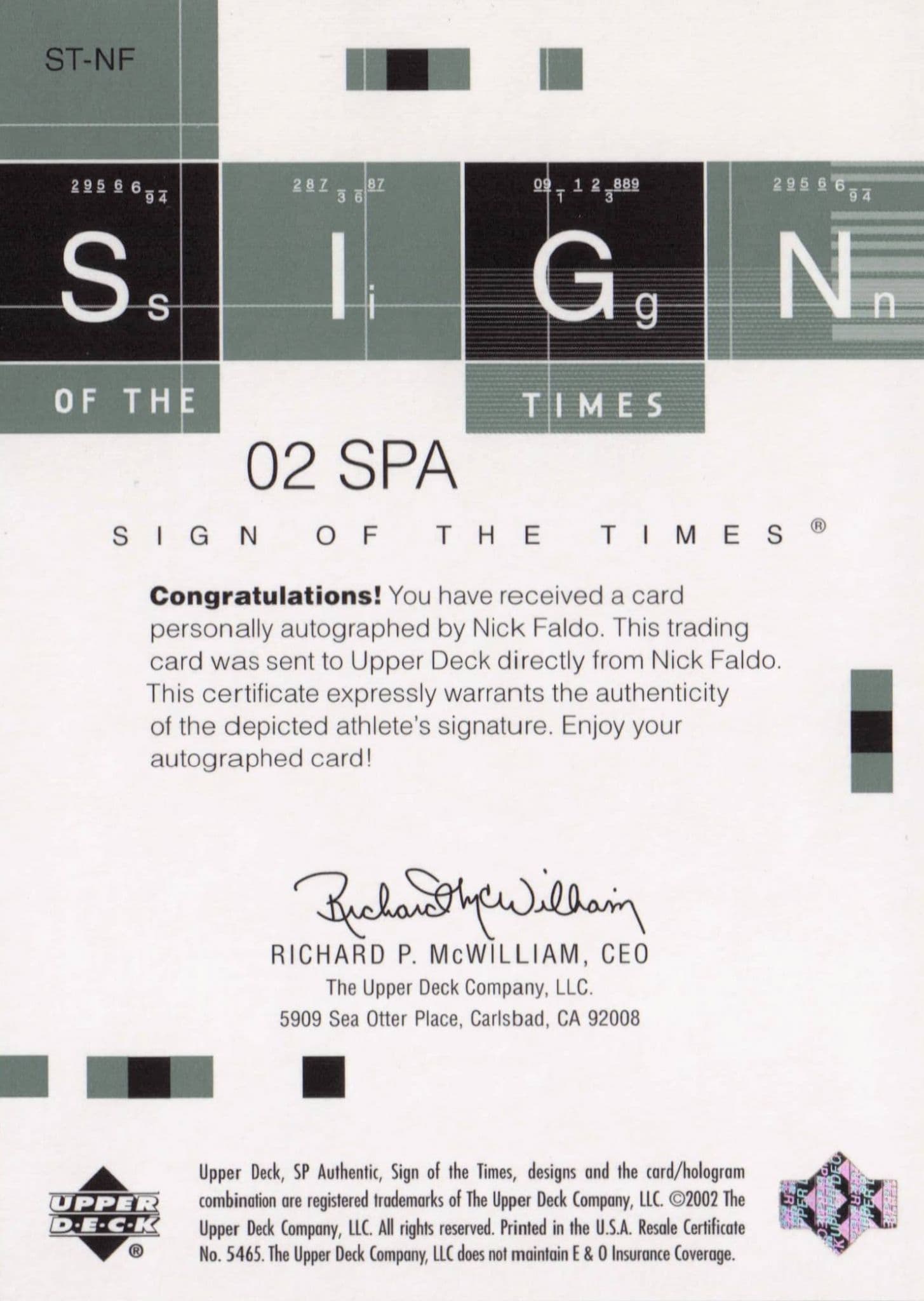 Nick Faldo Sign Of The Times Hand Signed 2002 SP Golf Autograph Card