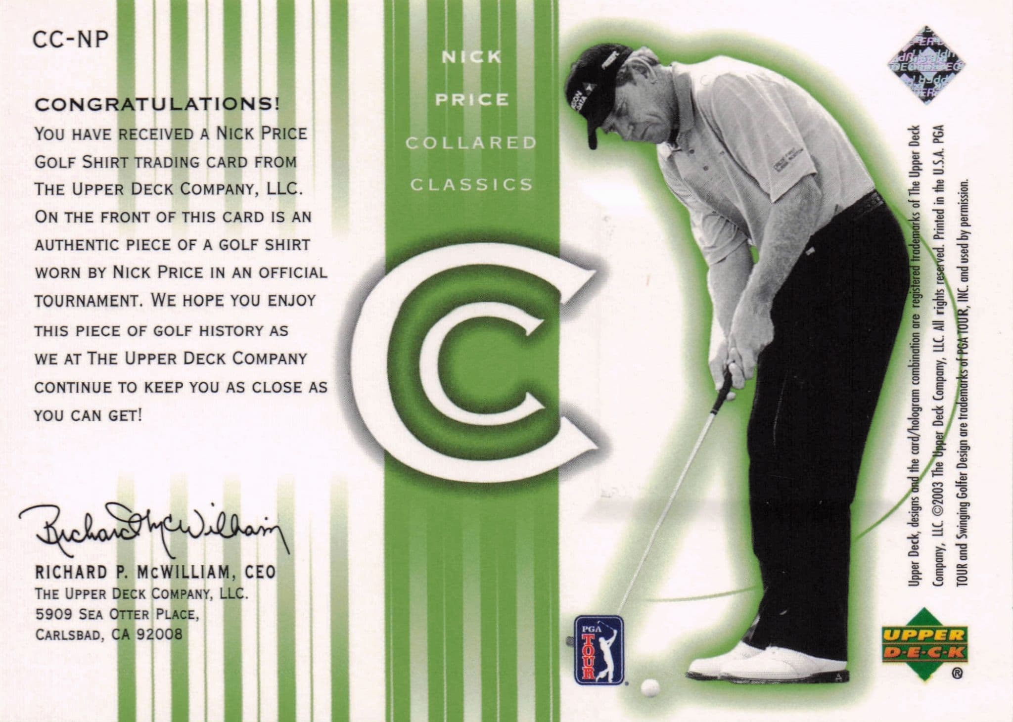 Nick Price Collared Classics Golf Shirt Relic Upper Deck 2003 Card