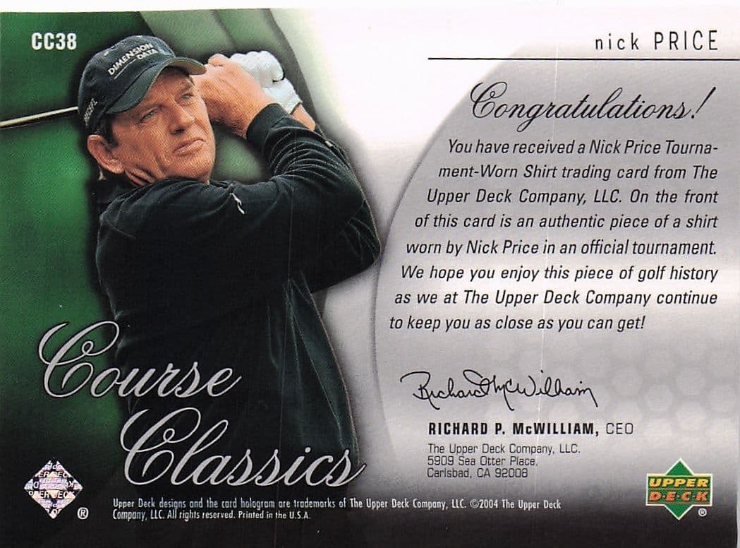 Nick Price Course Classics 2004 Authentic Tournament Upper Deck Golf Shirt Card