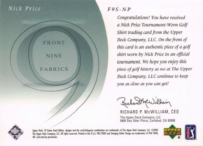 Nick Price Front 9 Fabric 2002 Upper Deck Authentic Shirt Card