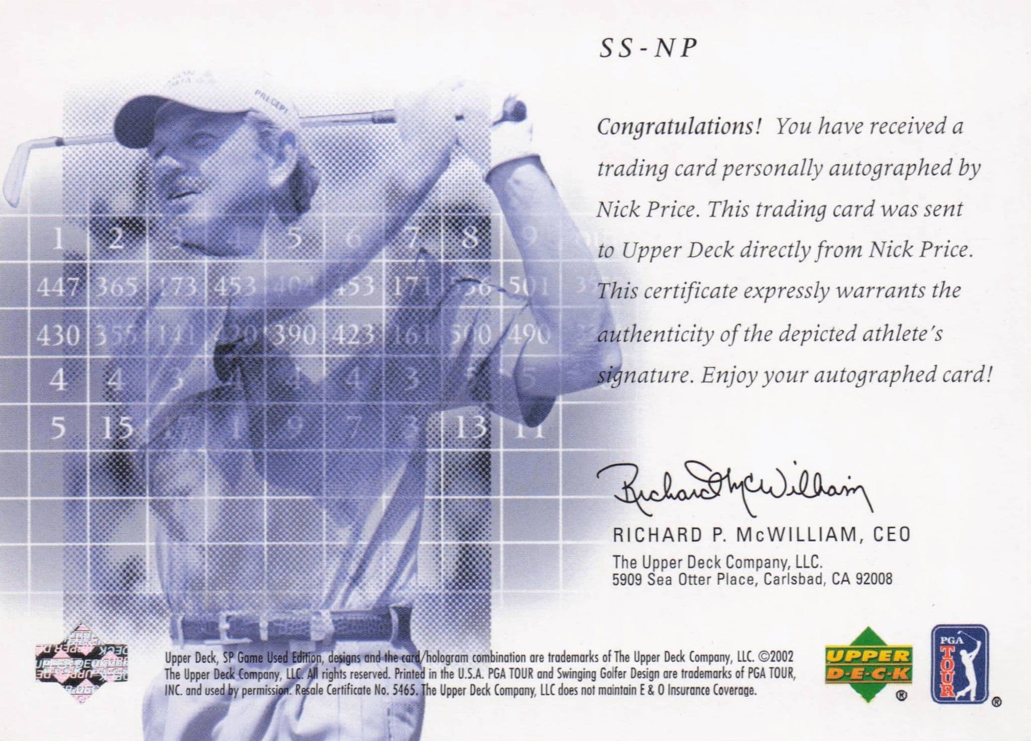Nick Price Scorecard Signatures Hand Signed 2002 SP Golf Autograph Card