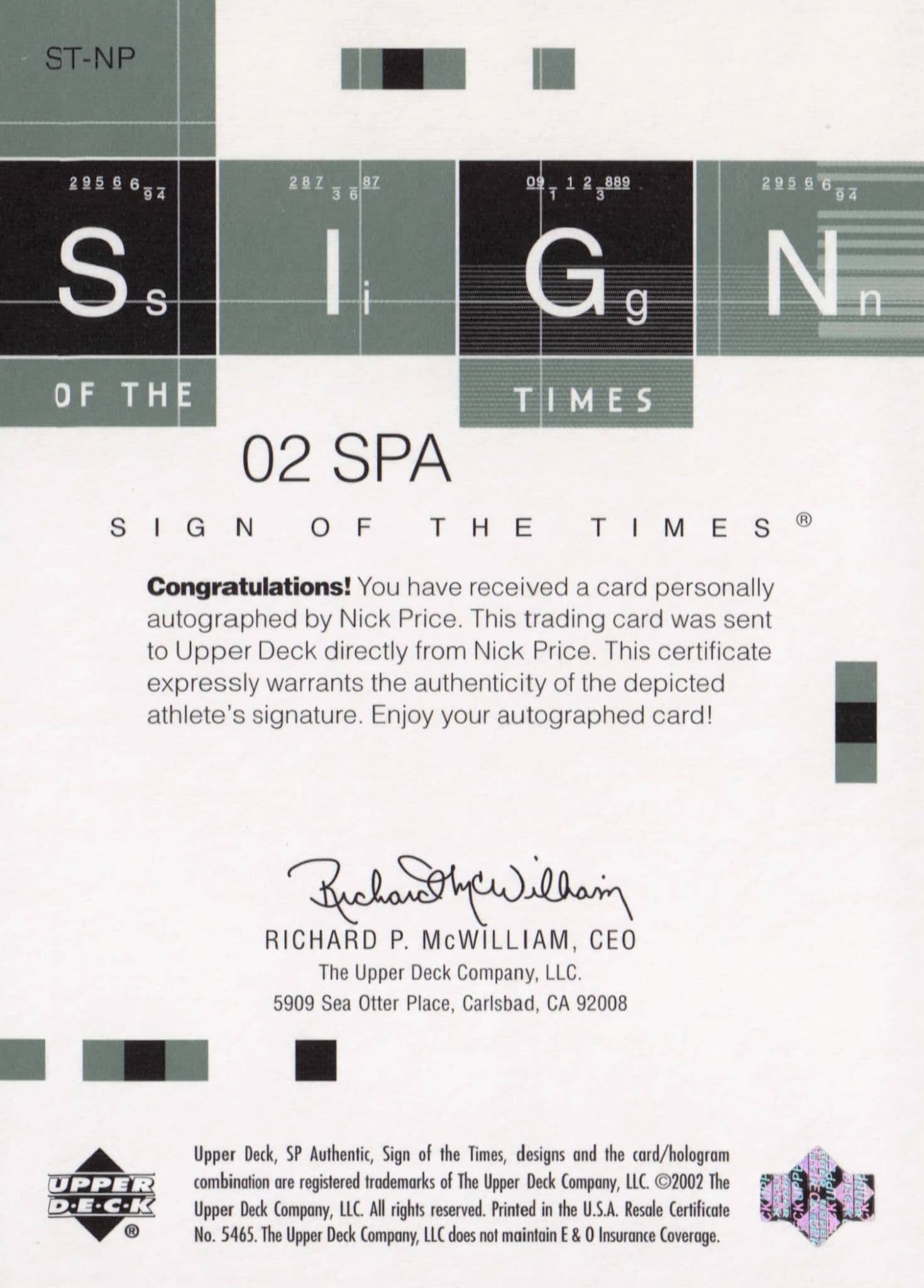 Nick Price Sign Of The Times Hand Signed 2002 SP Golf Autograph Card