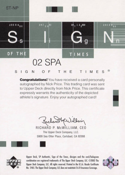 Nick Price Sign Of The Times Hand Signed 2002 SP Golf Autograph Card