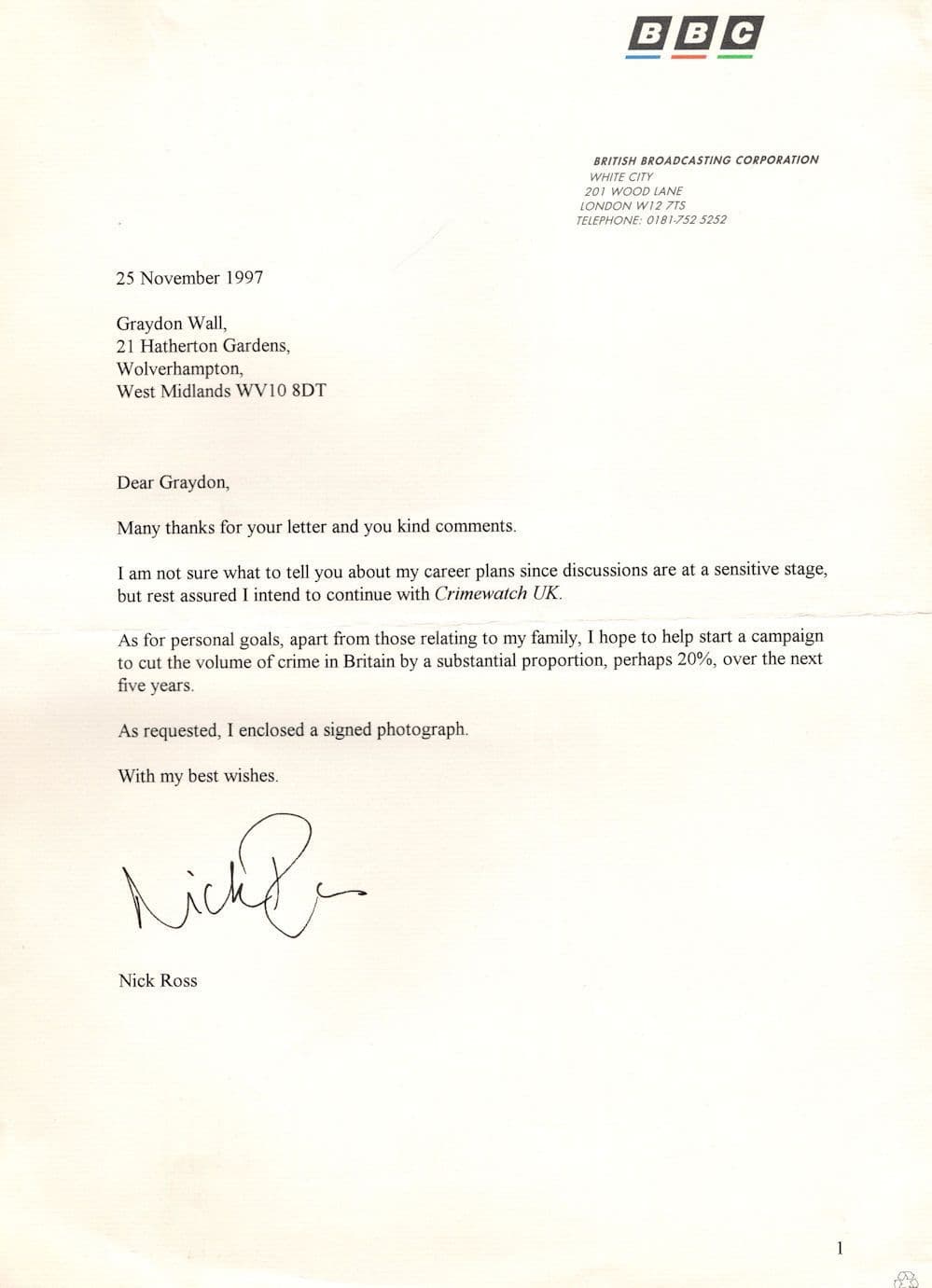 Nick Ross Crimewatch UK Sensitive Discussions Hand Signed BBC Letter