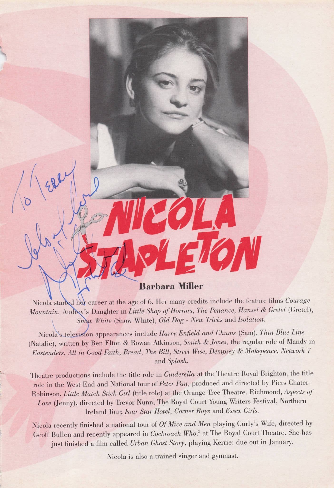 Nicola Stapleton Eastenders Hand Signed Photo Theatre Page