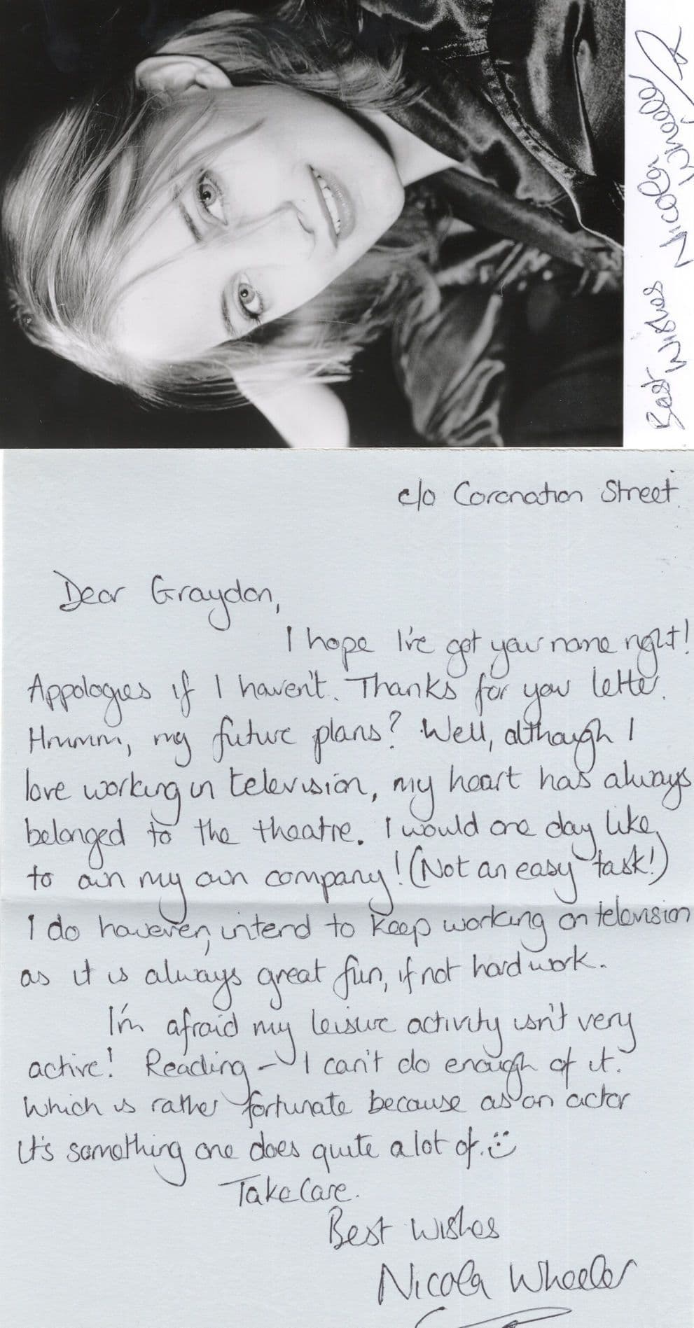 Nicola Wheeler Coronation Street Hand Signed Photo & LETTER