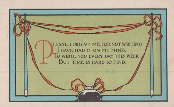 No Excuses Feather Pen Letter I Think Of You Antique Old Romance Love Postcard