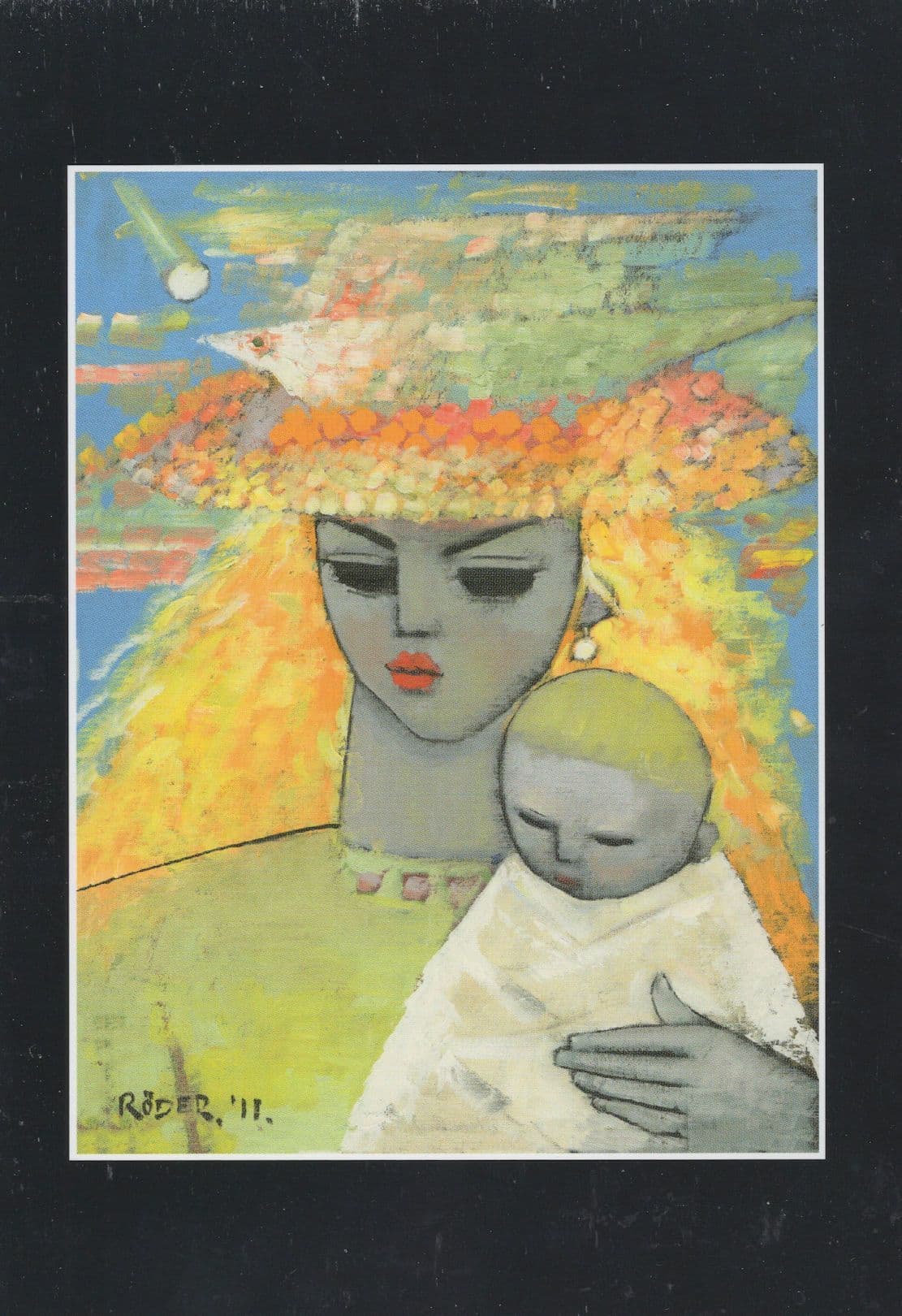 Noel Glowing Hat & Giant Hair Baby Born German Art Deco Painting Postcard
