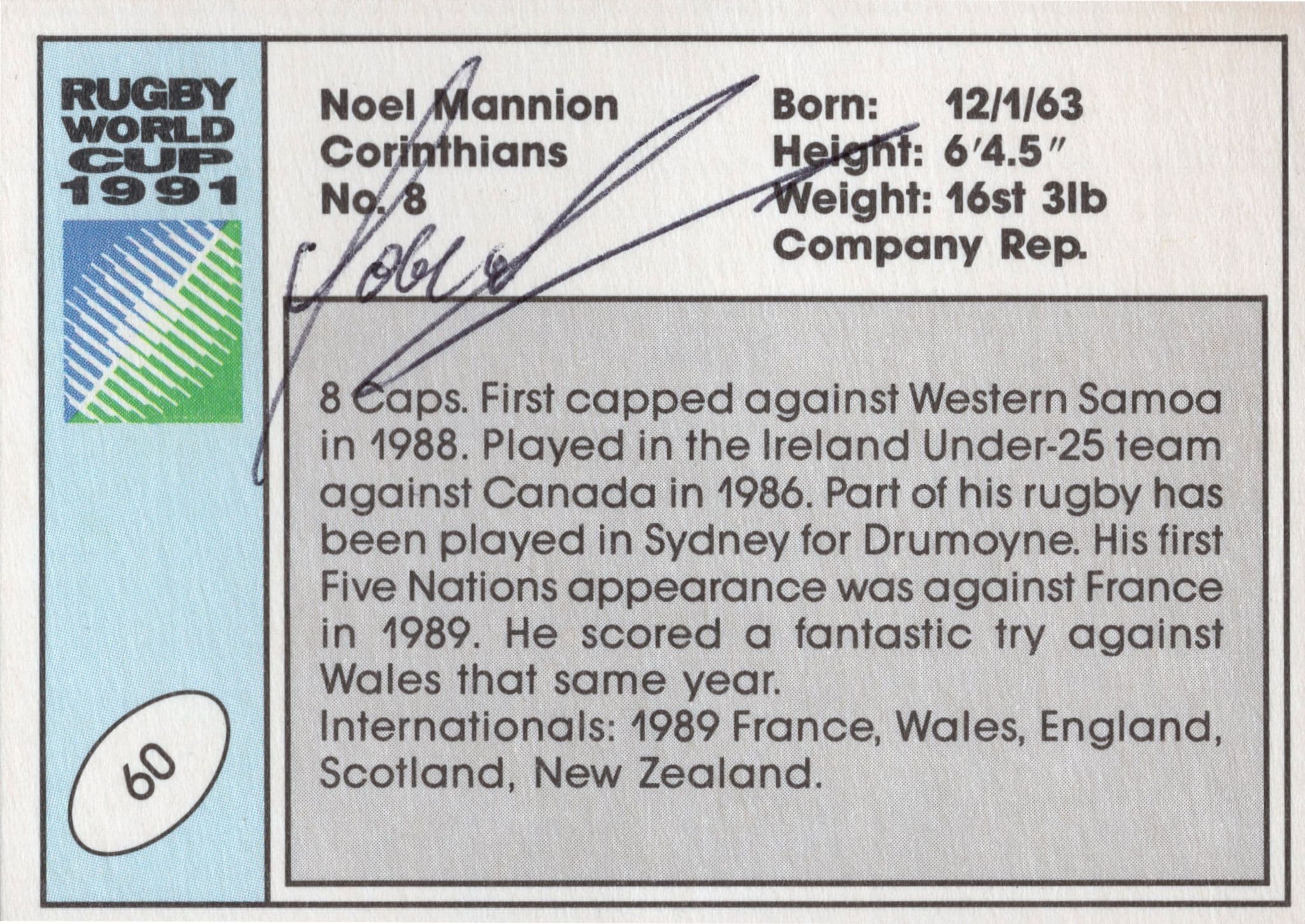 Noel Mannion Ireland Hand Signed Rugby 1991 World Cup Card Photo