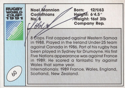 Noel Mannion Ireland Hand Signed Rugby 1991 World Cup Card Photo