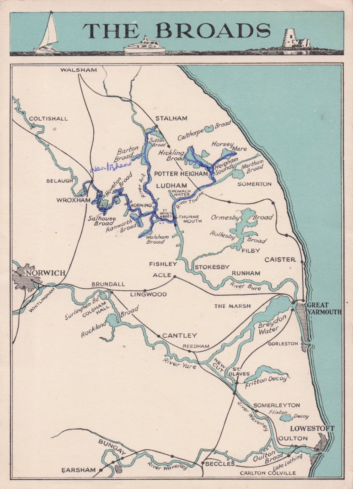 Norfolk Broads 1970s Map Postcard