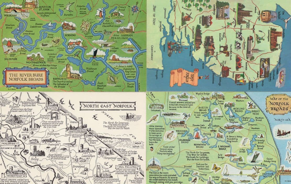 Norfolk Broads 4x 1970s Map Postcard s