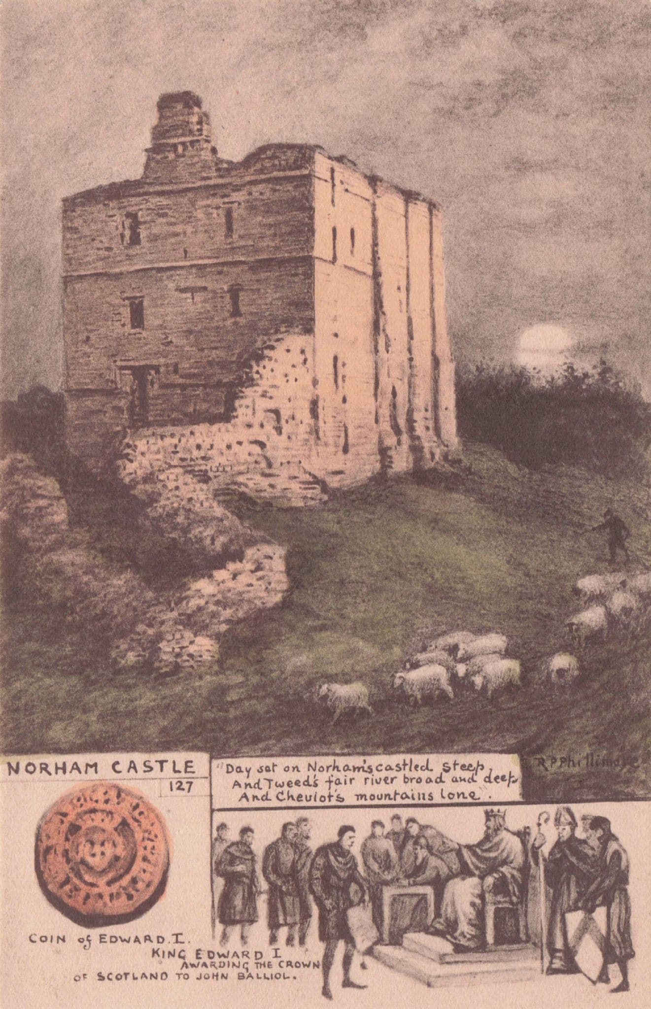 Norham Castle King Edward I Crowning Phillimore Northumberland Postcard