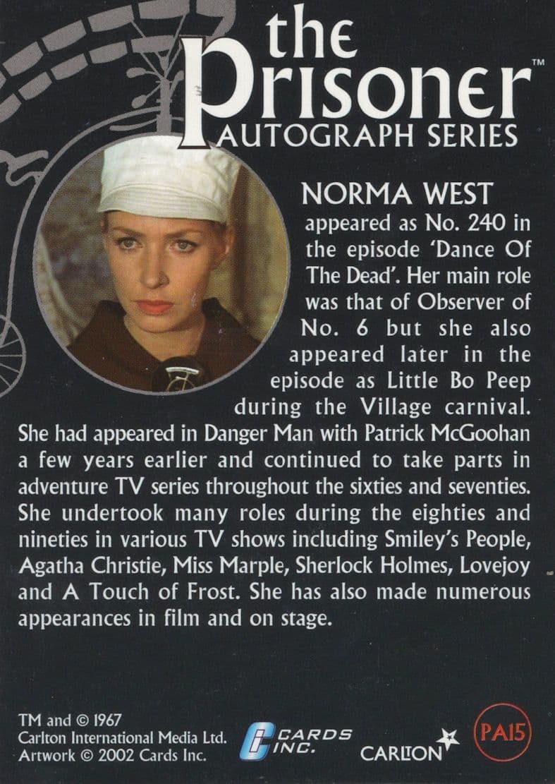 Norma West The Prisoner Hand Signed Autograph Photo Card