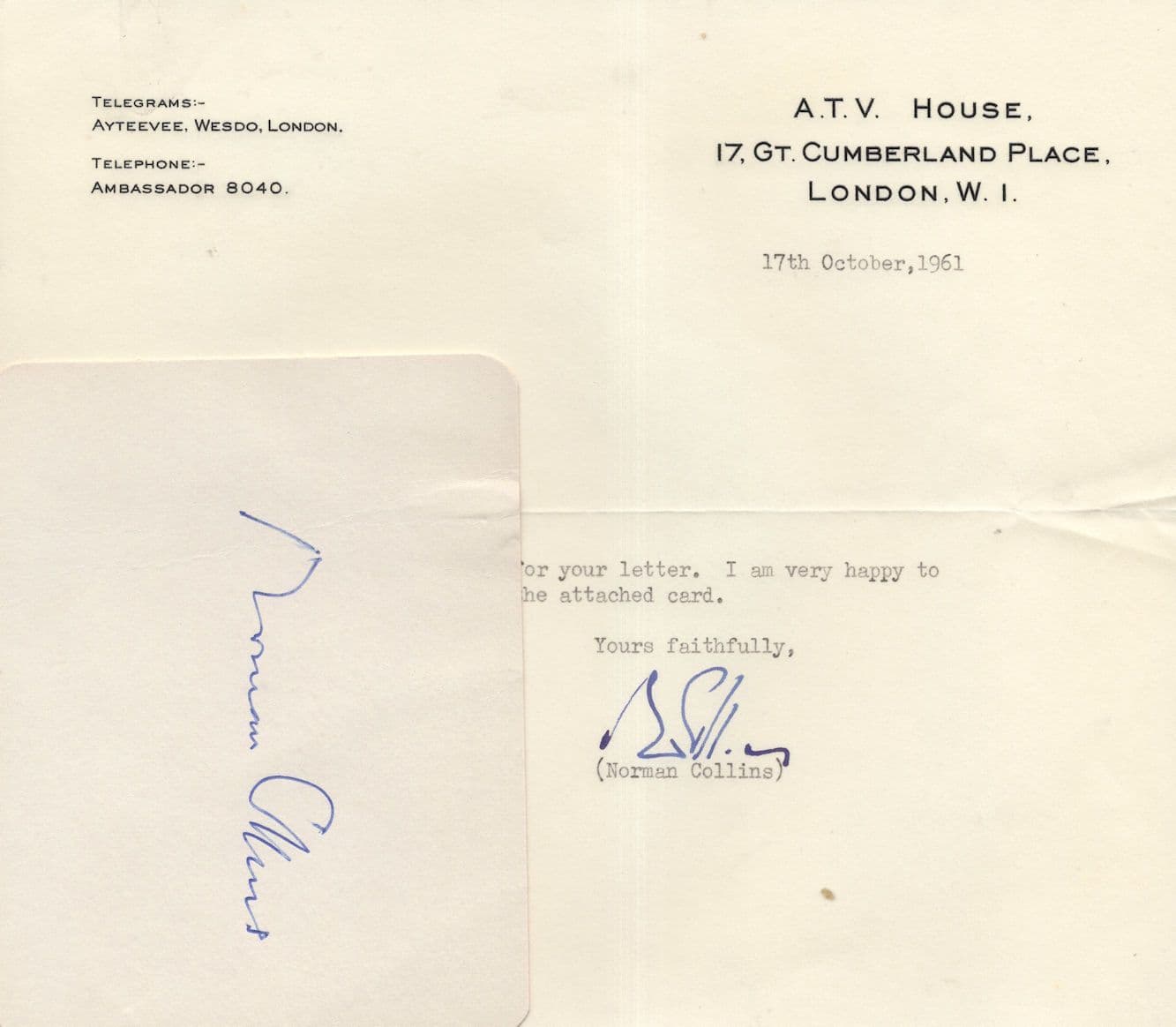 Norman Collins Dick Barton Special Agent ATV Founder Hand Signed Letter