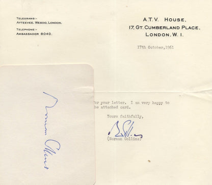 Norman Collins Dick Barton Special Agent ATV Founder Hand Signed Letter