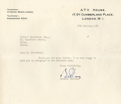 Norman Collins Dick Barton Special Agent ATV Founder Hand Signed Letter