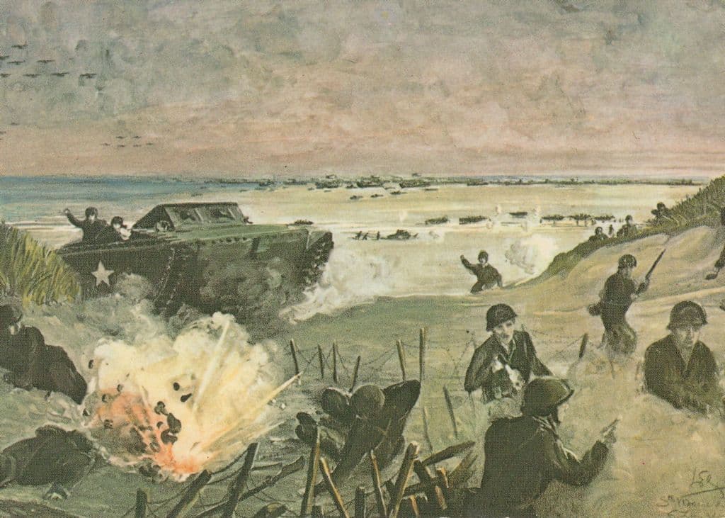 Normandy Beach 1944 WW2 Military War Painting Postcard