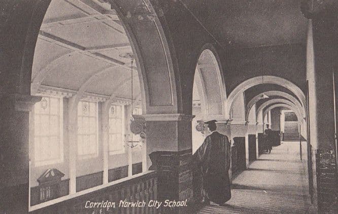 Norwich City School Corridor with Teacher Headmaster Antique Norfolk Postcard