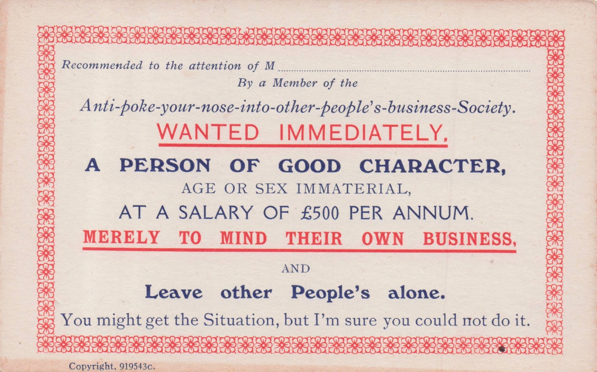 Nosey Parker Society Employment Antique Comic Job Sign Postcard