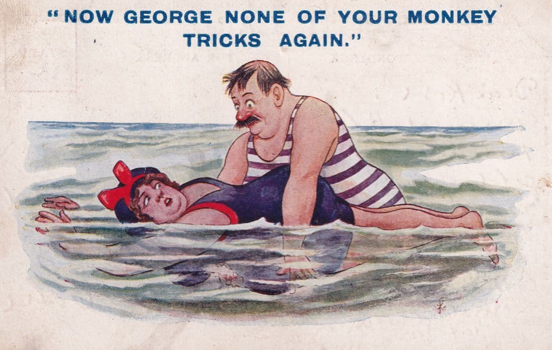 Now George  Monkey Tricks Again Old Comic Swimming Postcard