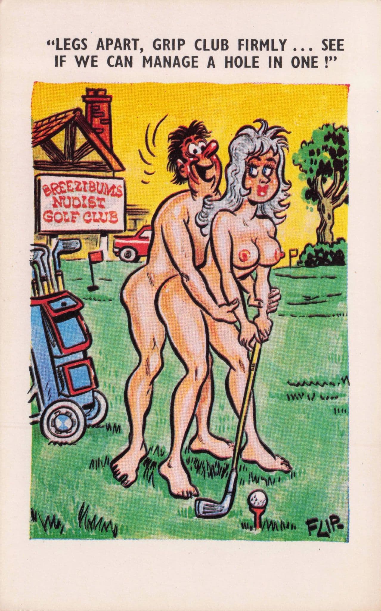 Nudist Colony Golf Club Camping Hole In One Vintage Comic Postcard