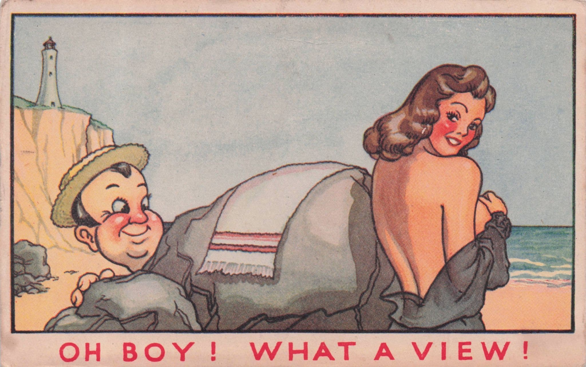 Oh Boy What A View Peeping Tom On Beach Sexy Lady Old RA Comic Postcard