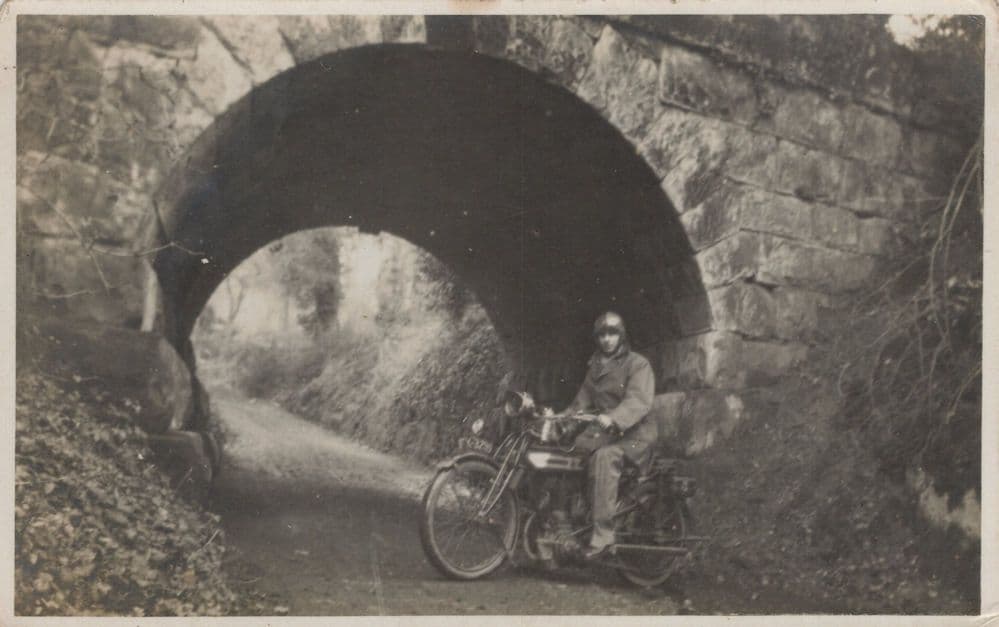 Old Bike Rider Helmet Under Bridge Antique Motorcycle Postcard