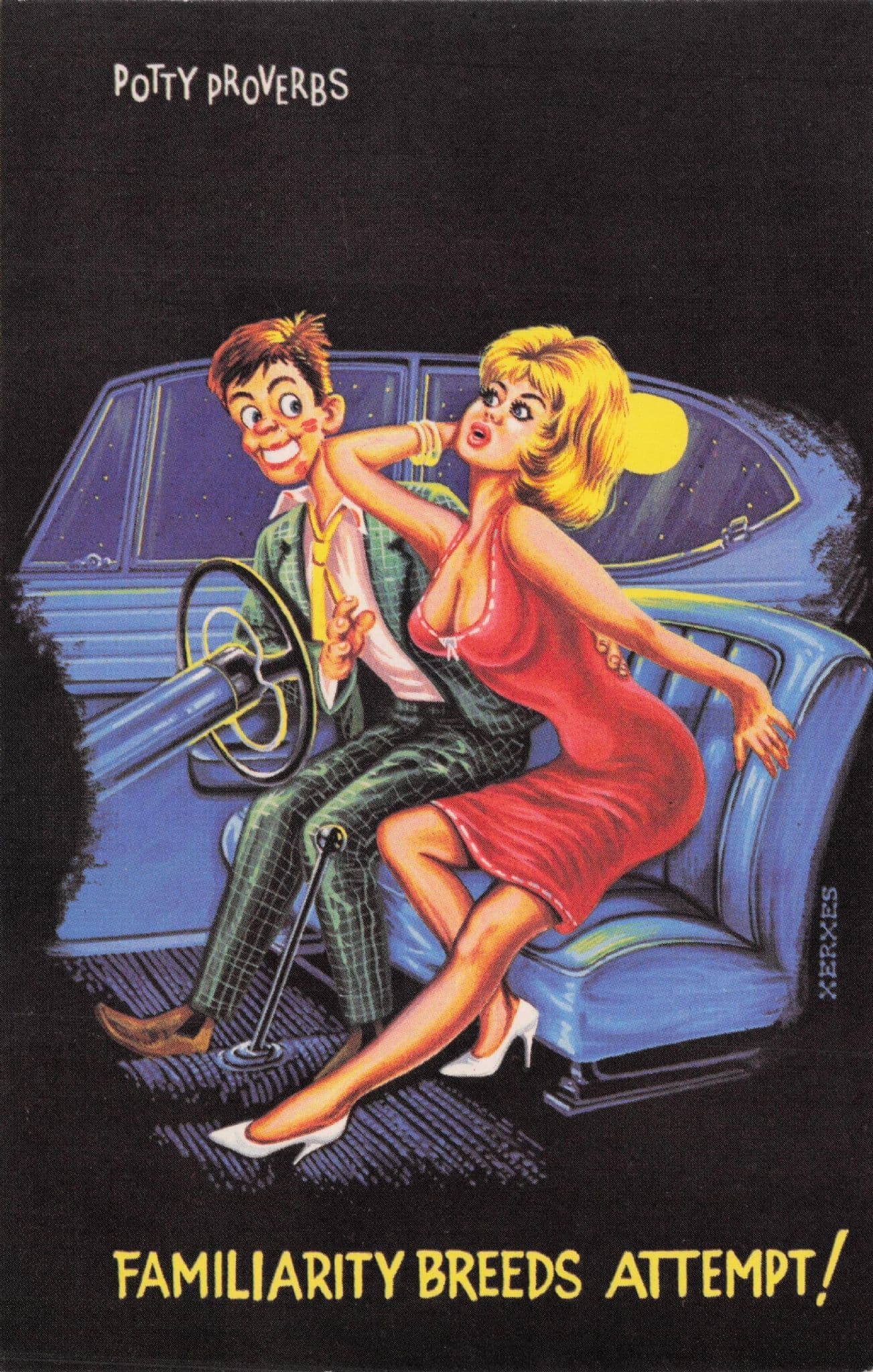 Old Hollywood Drive In X-Ray Of Saloon Car 1950s Comic Postcard