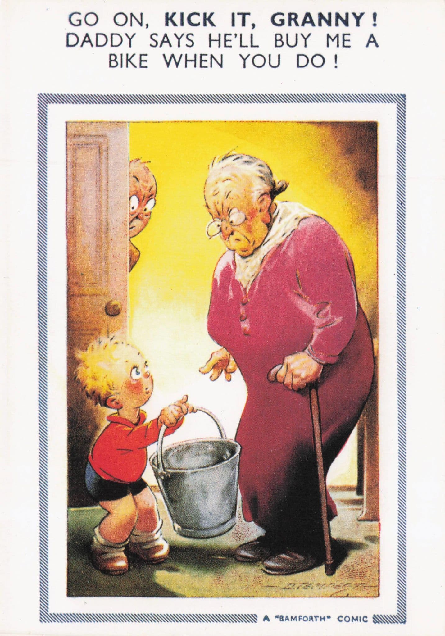 Old Lady Grandmother Kicks The Bucket Greedy Inheritance Comic Postcard