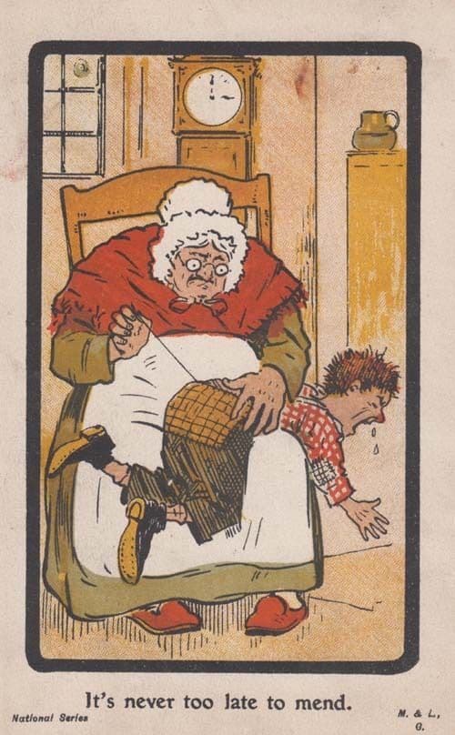Old Lady Sewing Mending Childs Trousers Antique Old Grandfather Clock Postcard