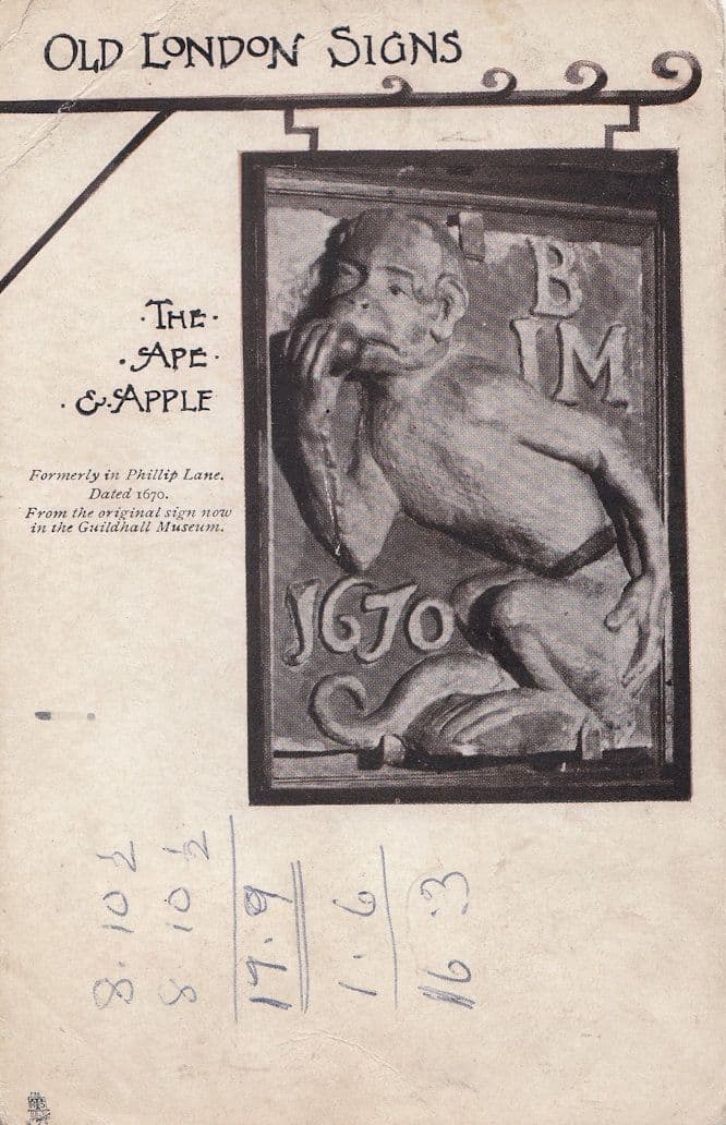 Old London Signs Ape Apple Satanic Pub Demon Old Postcard