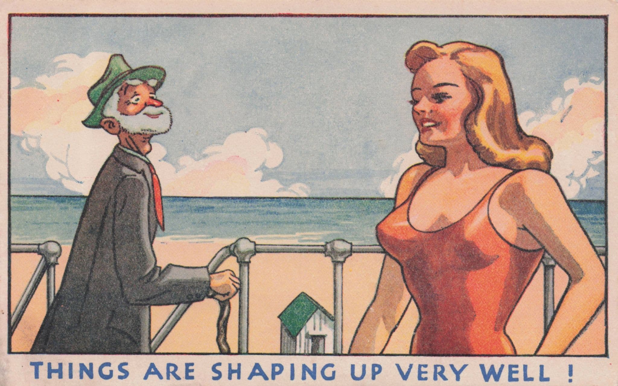 Old Man Admiring Sexy Beach Lady Shaping Up Well RA Old Comic Postcard