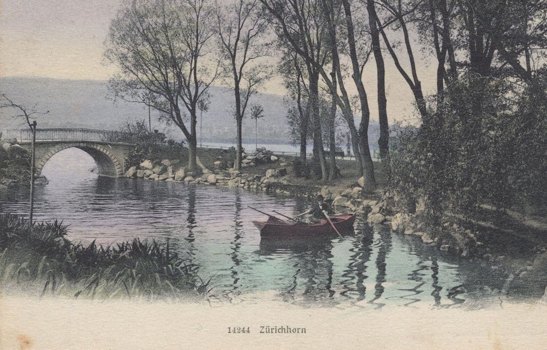 Old Man Rowing Boat at Zurichorn Switzerland Antique Postcard