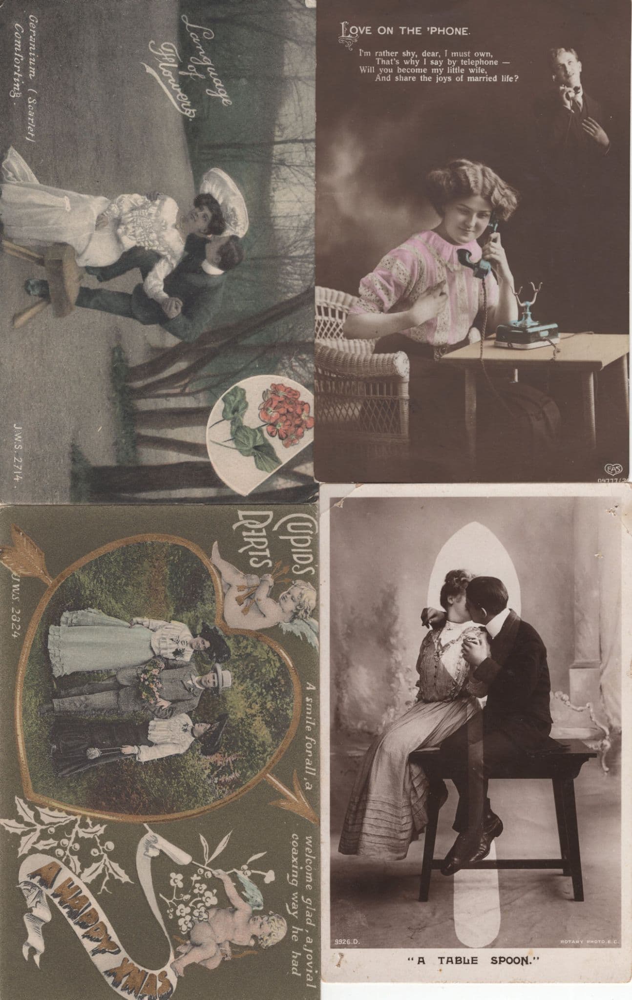 Old Telephone Cupids Darts Table Spooning 4x Old Love Postcard s